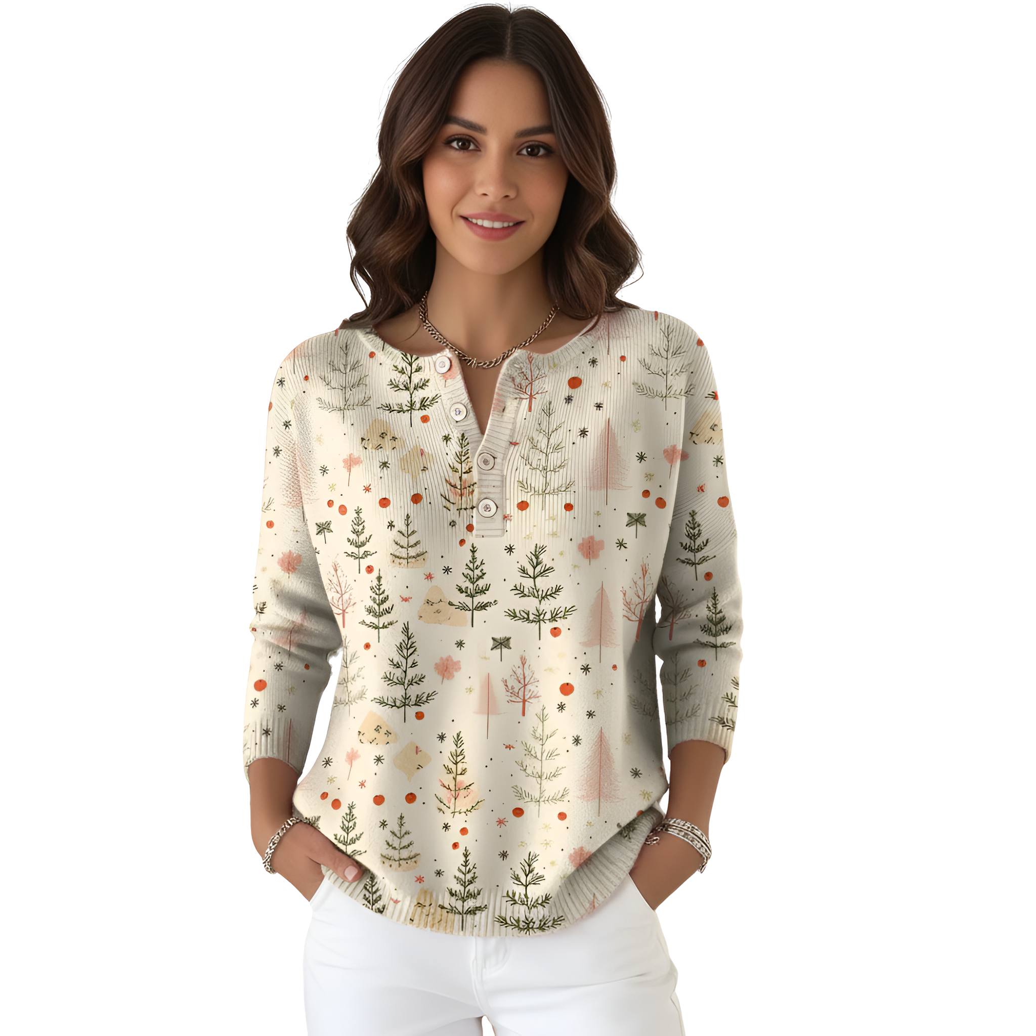 Christmas Tree Print Blouse For Women With Buttons And Floral Accents-My Comfy Blouse
