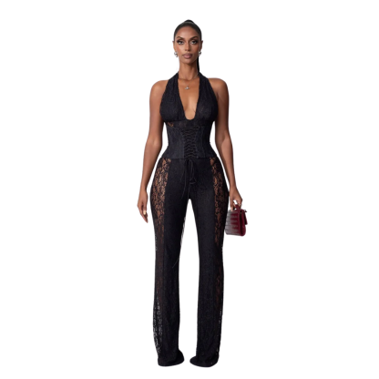 Lace Halter Jumpsuit With Corset And Sheer Panels