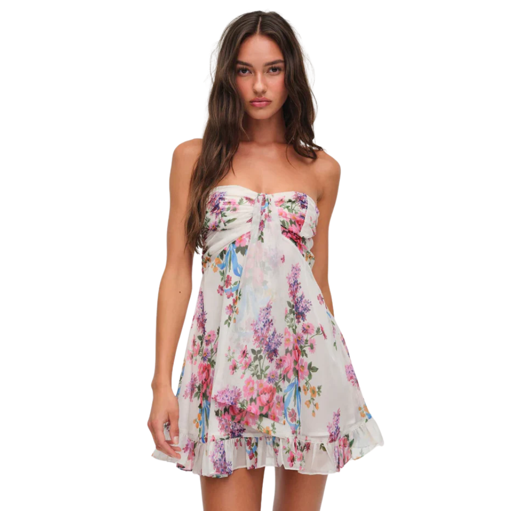 Floral Pattern Printed Strapless Mini Dress-My Comfy Blouse