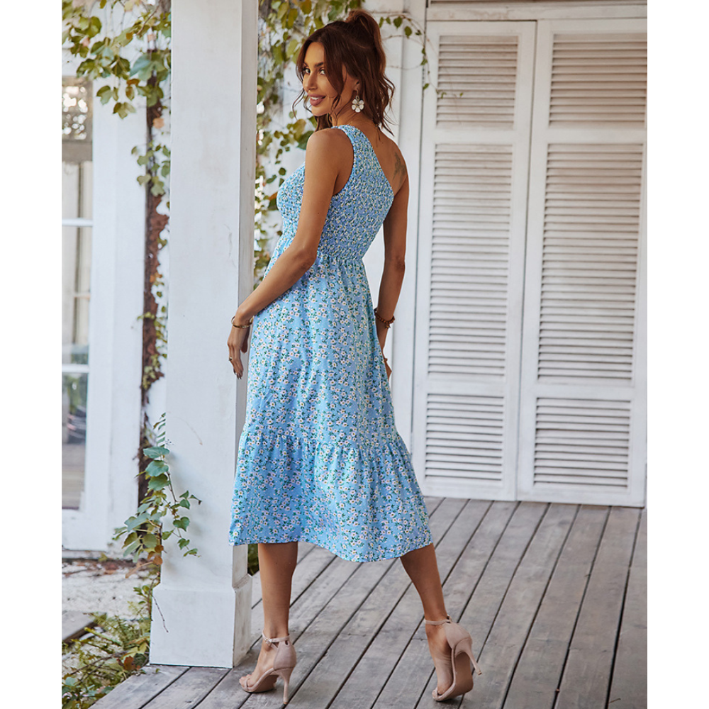 Floral One-Shoulder Shirred Dress-My Comfy Blouse