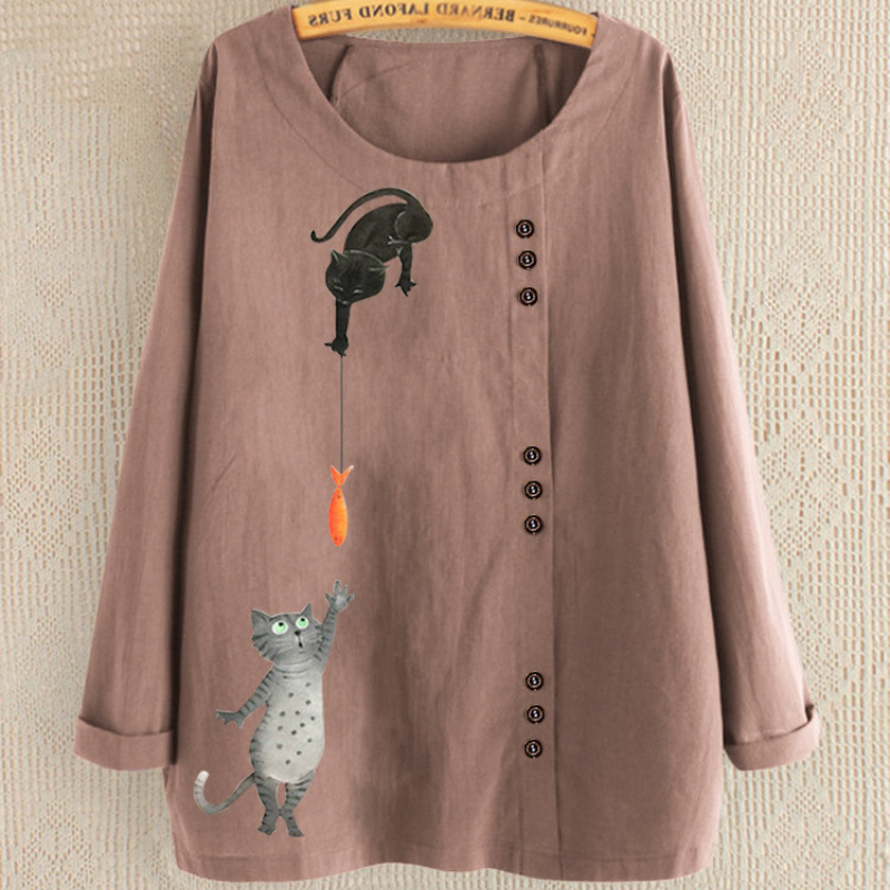 Cute Cat Print Full Sleeves Blouse-My Comfy Blouse