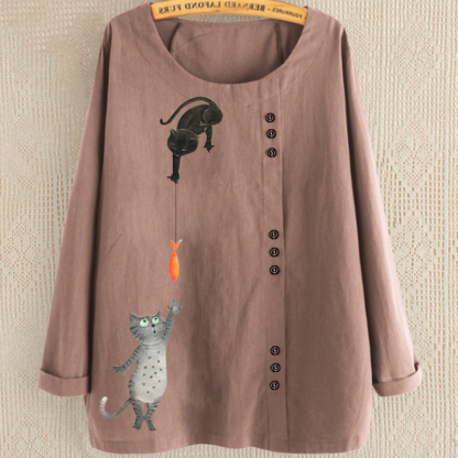 Cute Cat Print Full Sleeves Blouse