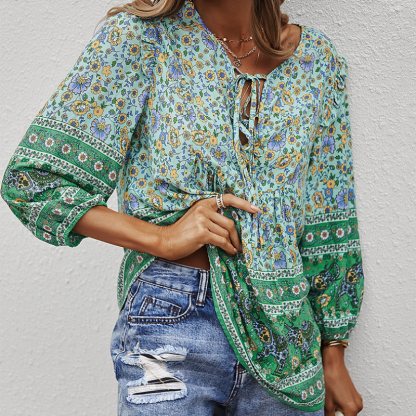 Traditional Print Front Strip Tie Blouse-My Comfy Blouse