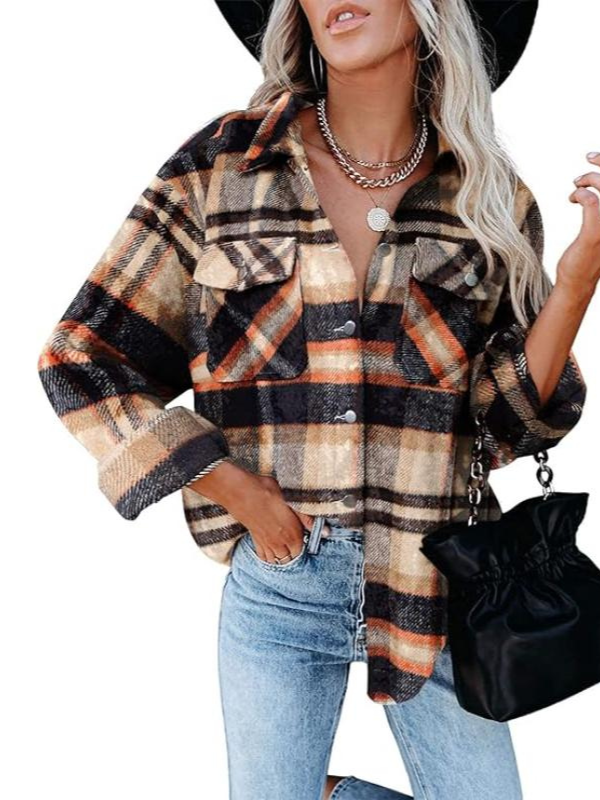 Women Plaid Pattern Jacket With Collared Design-My Comfy Blouse