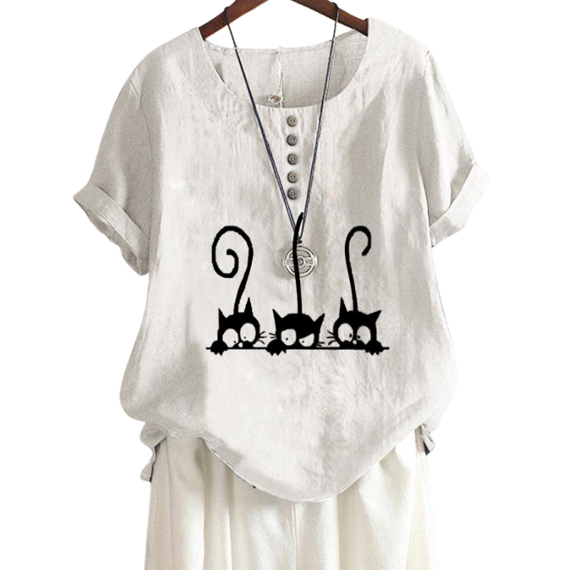 Fashion Cat Print Crewneck Blouse-My Comfy Blouse