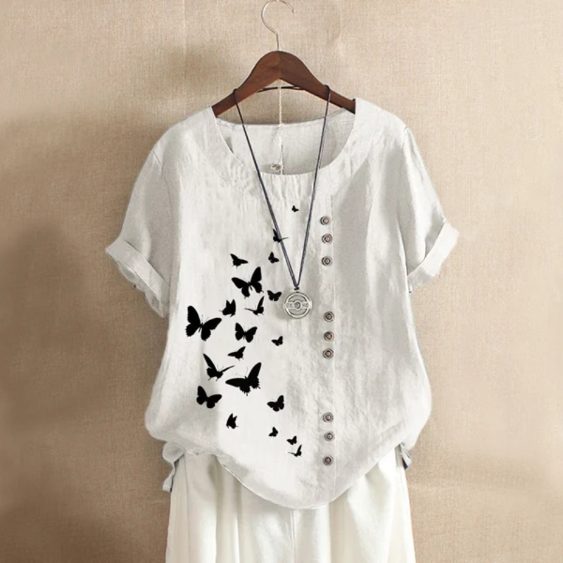 Butterflies Print Button Summer Blouse-My Comfy Blouse