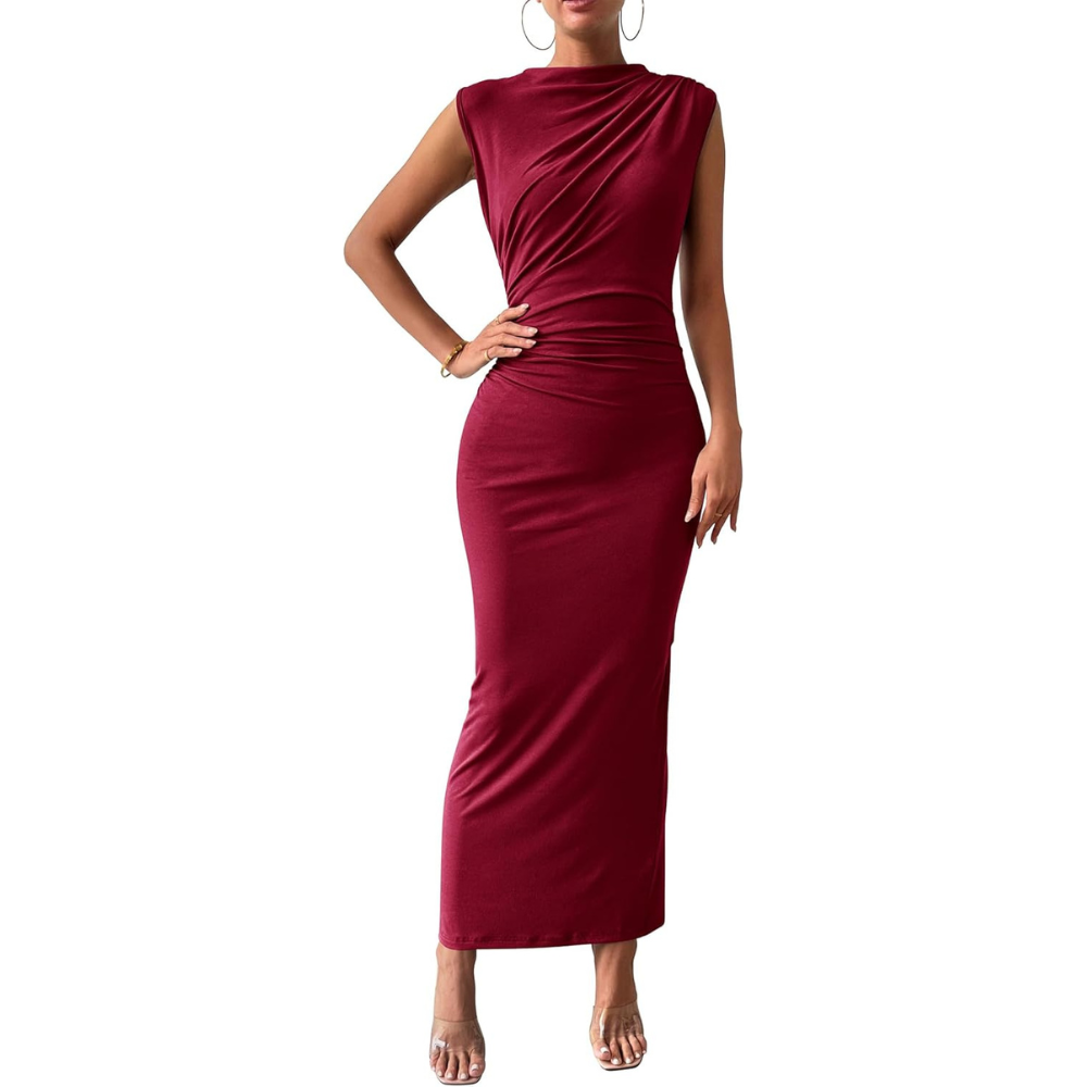 Ruched Sleeveless Bodycon Maxi Dress for Wedding Guests
