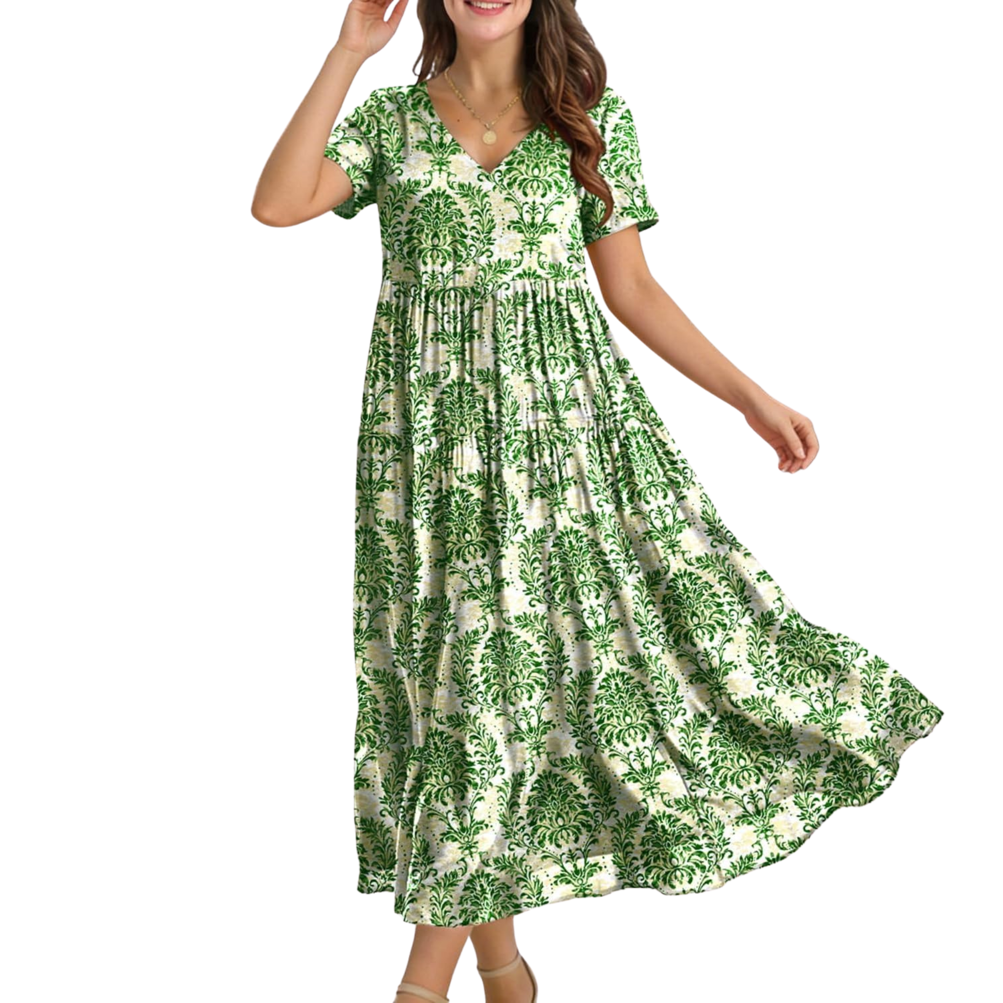 Floral V Neck Boho Maxi Swing Dress with Pockets