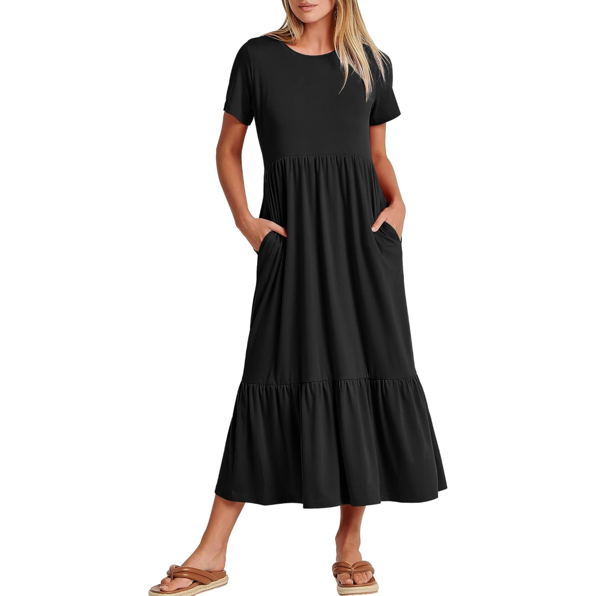 Casual Tiered Maxi T Shirt Dress with Pockets