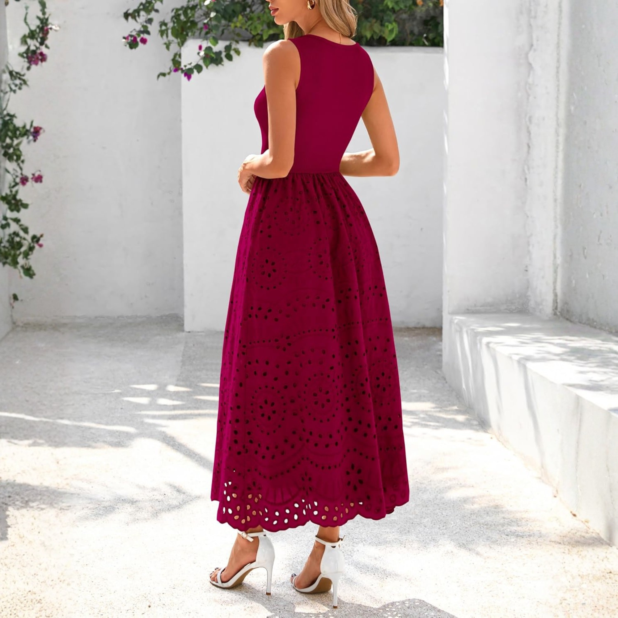 Sleeveless Eyelet Cotton Tank Maxi Dress with Pockets