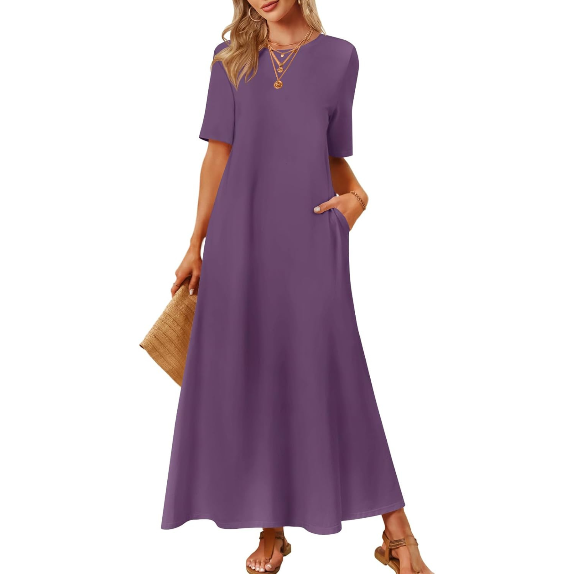 Women Summer Vacation Maxi T Shirt Dress With Pockets