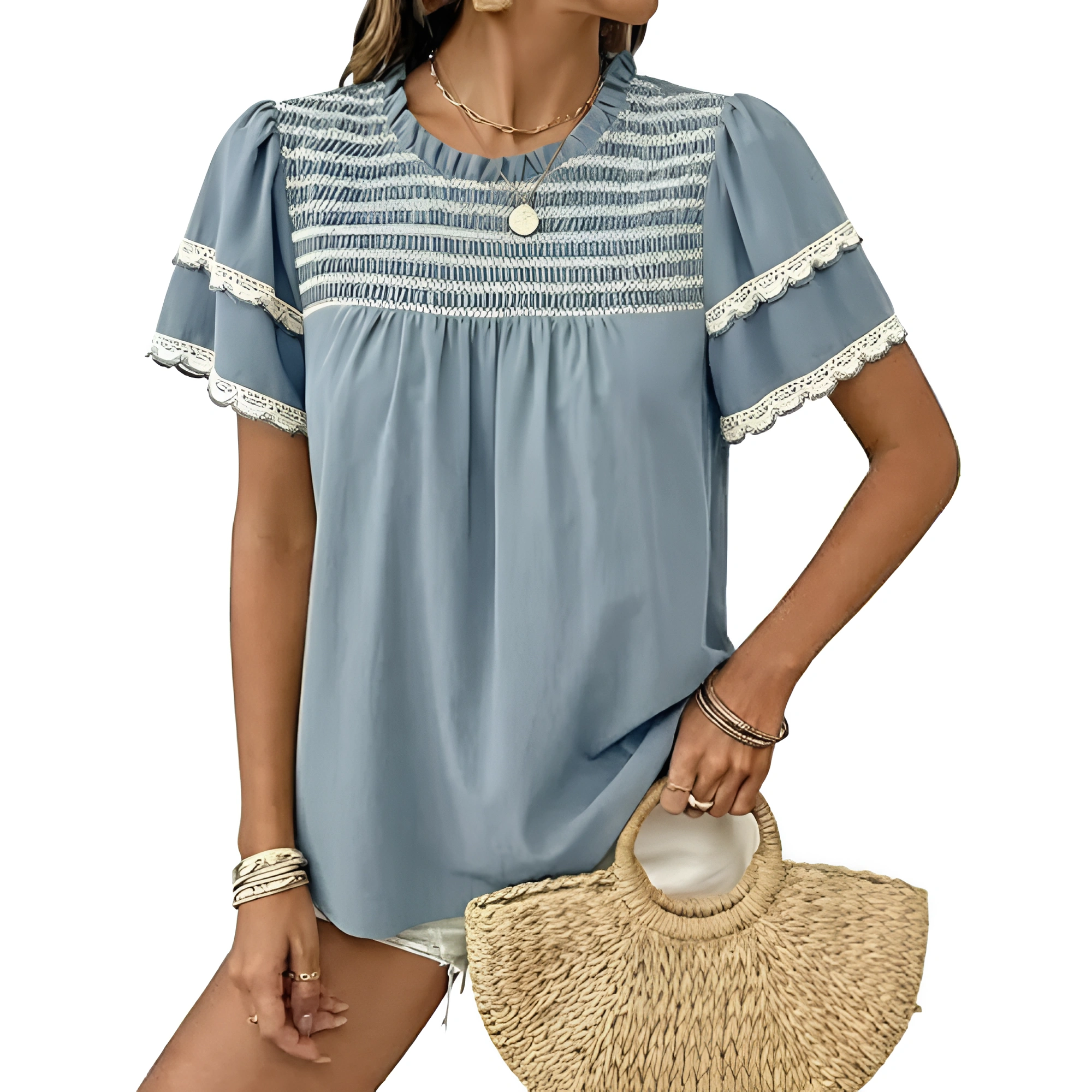 Women Summer Tops Crewneck Ruffle Short Sleeve Casual Pleated Blouses