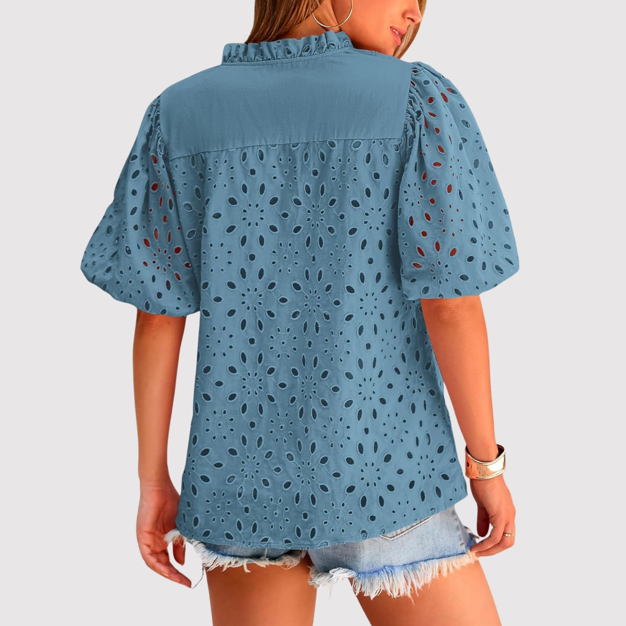 Eyelet Embroidery Sleeve Button Front Style Puff Top 