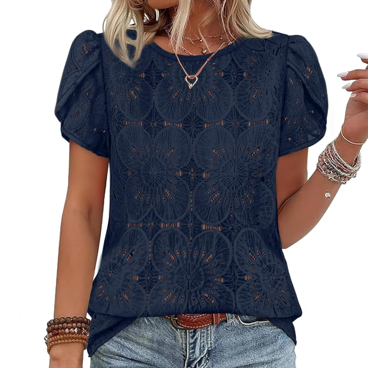 Casual Crochet Petal Short Sleeve Shirt Blouse For Women