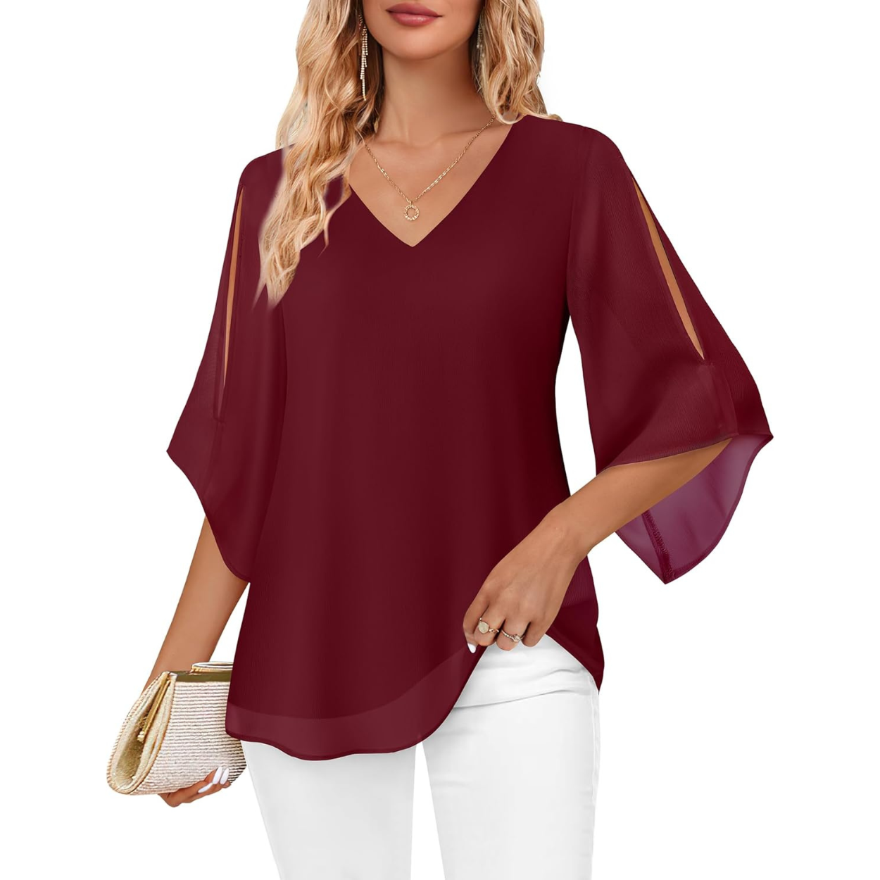 Ruffle Chiffon Sleeve Double Layers Tunic Tops