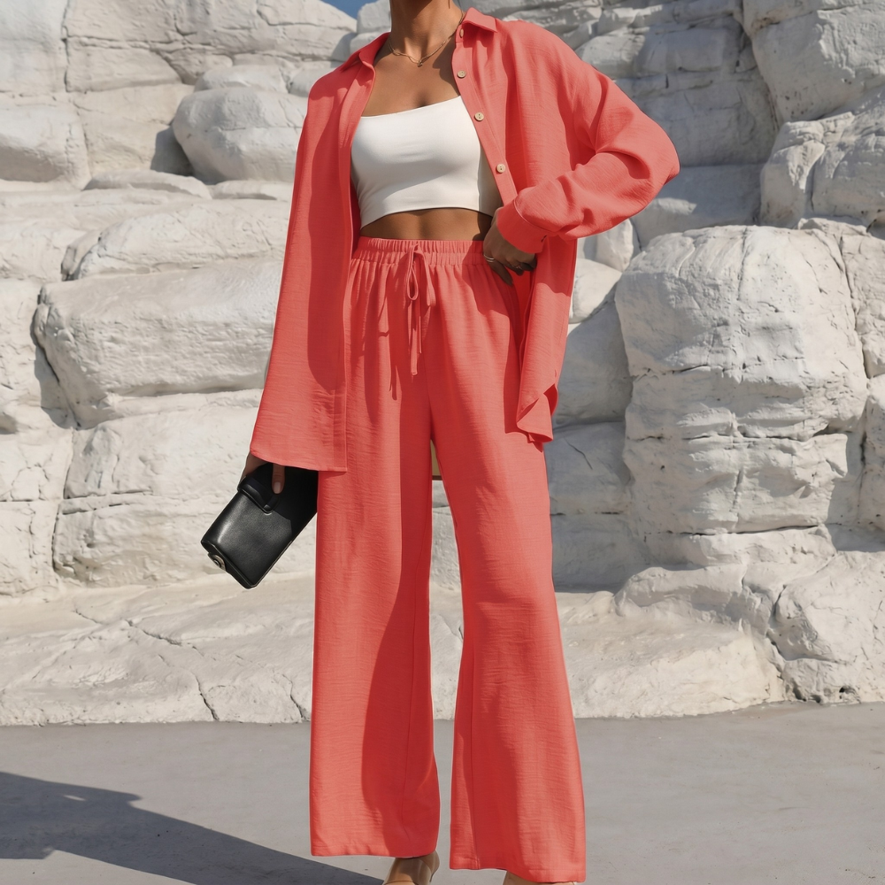 Casual 2 Piece Long Sleeve Shirt And Wide Fit Trouser Set For Women