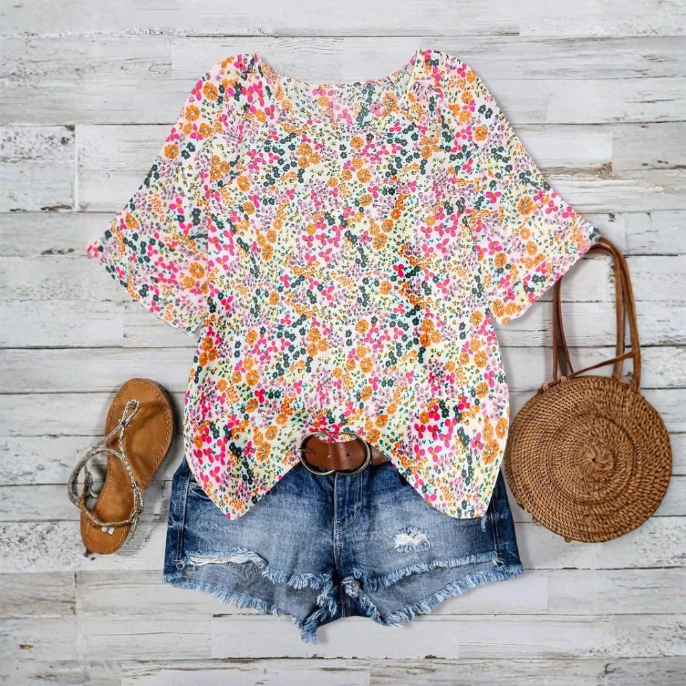 All Over Print Ruffle Layered Short Sleeve Woven Blouse Top For Women
