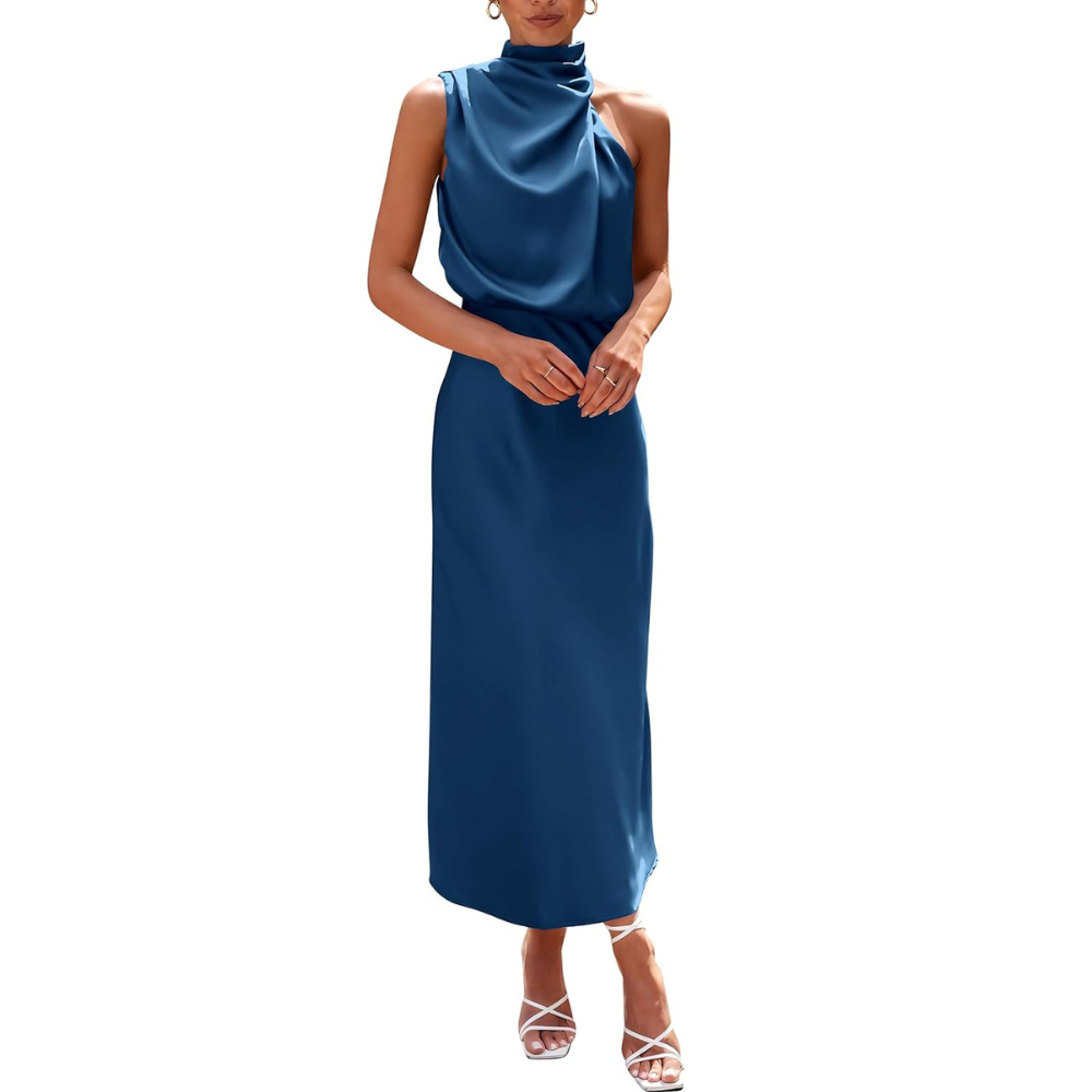 Elegant Sleeveless Satin Maxi Cocktail Party Dress