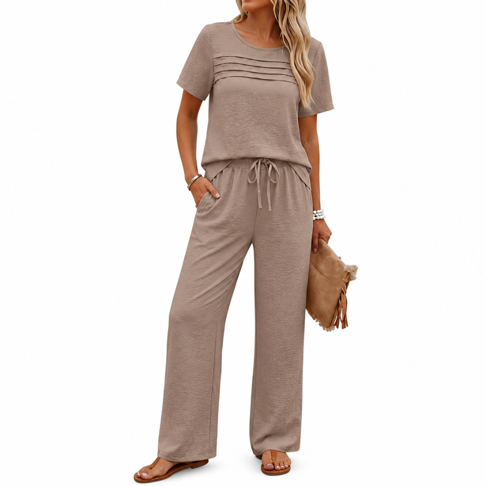 Pleated Front Top Wide Pants Lounge Set
