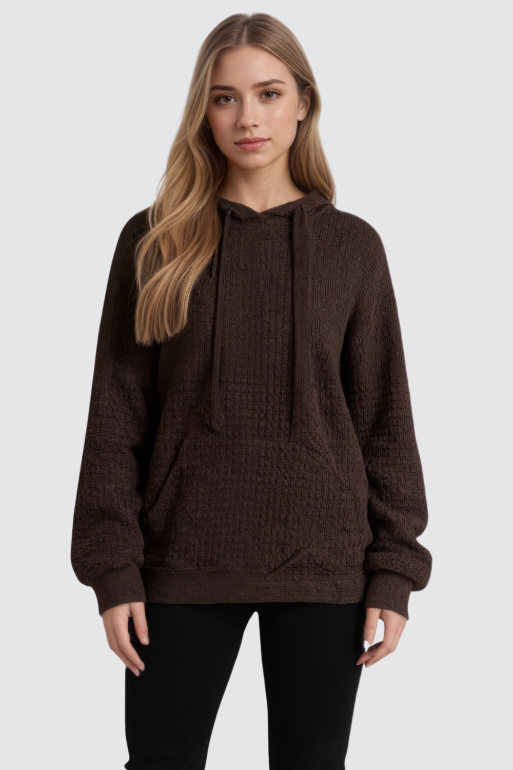 Casual Long Sleeve Drawstring Waffle Pullover Hoodie