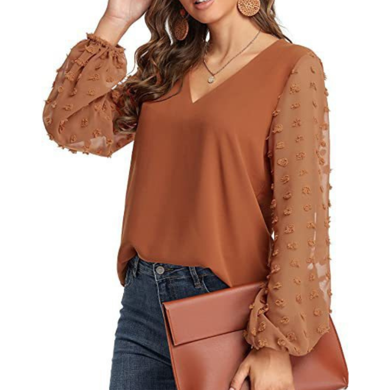 Semi-Formal V-neck Textured Sleeves Blouse-My Comfy Blouse