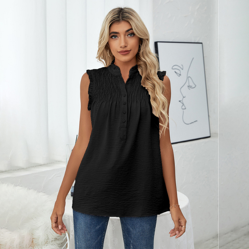 High Collar Button Ruffled Sleeves Less Blouse-My Comfy Blouse