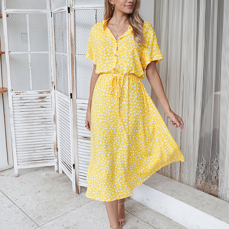 Shirt Collar Waist Tie Dot Print Maxi Dress-My Comfy Blouse