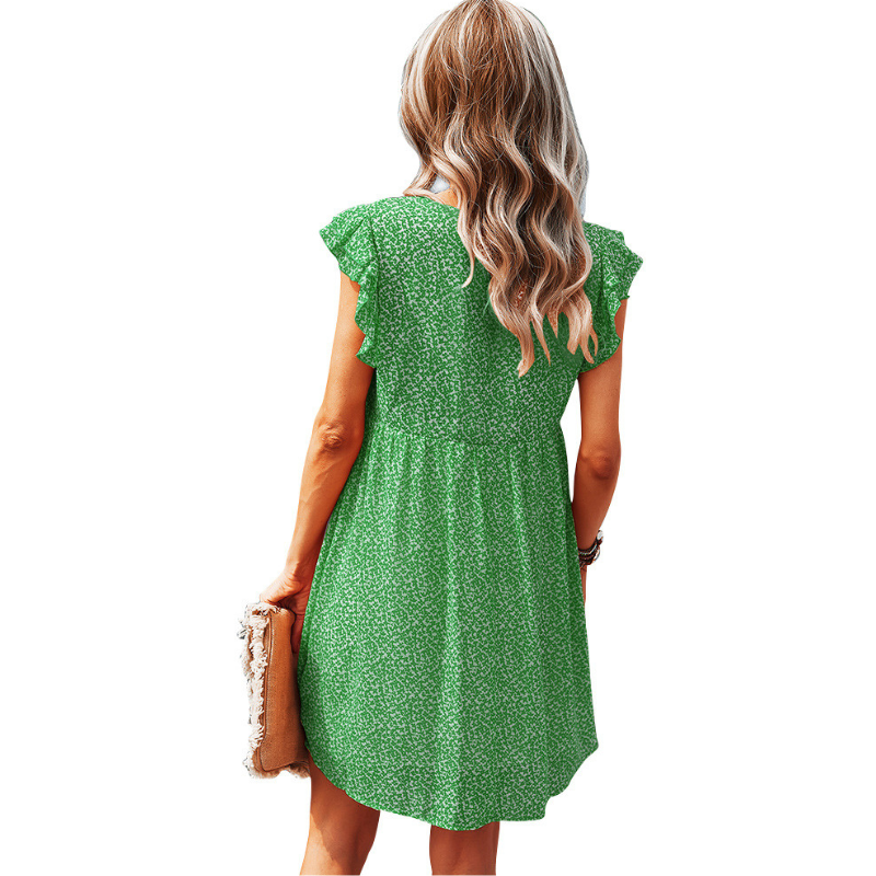Frill Short Sleeves Knee Length Deep V-neck Casual Dress-My Comfy Blouse