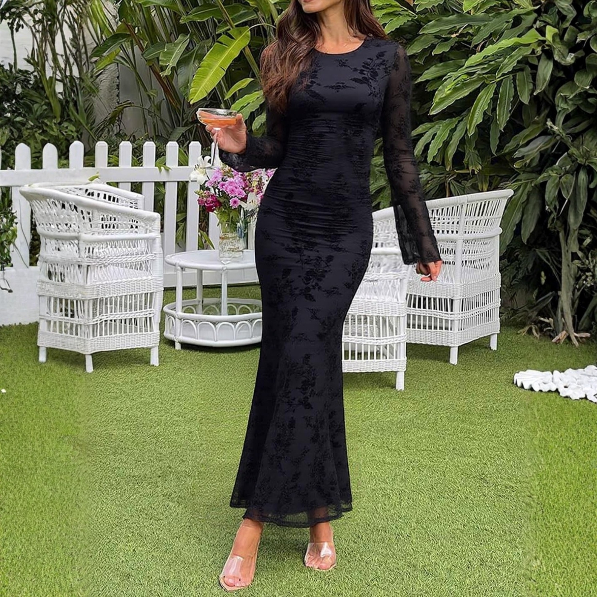 Spring Fall Floral Ruched Mesh Maxi Dress