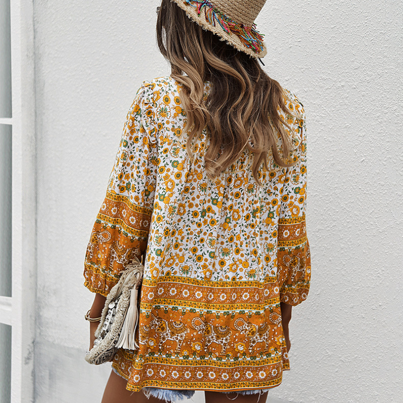 Traditional Print Front Strip Tie Blouse-My Comfy Blouse