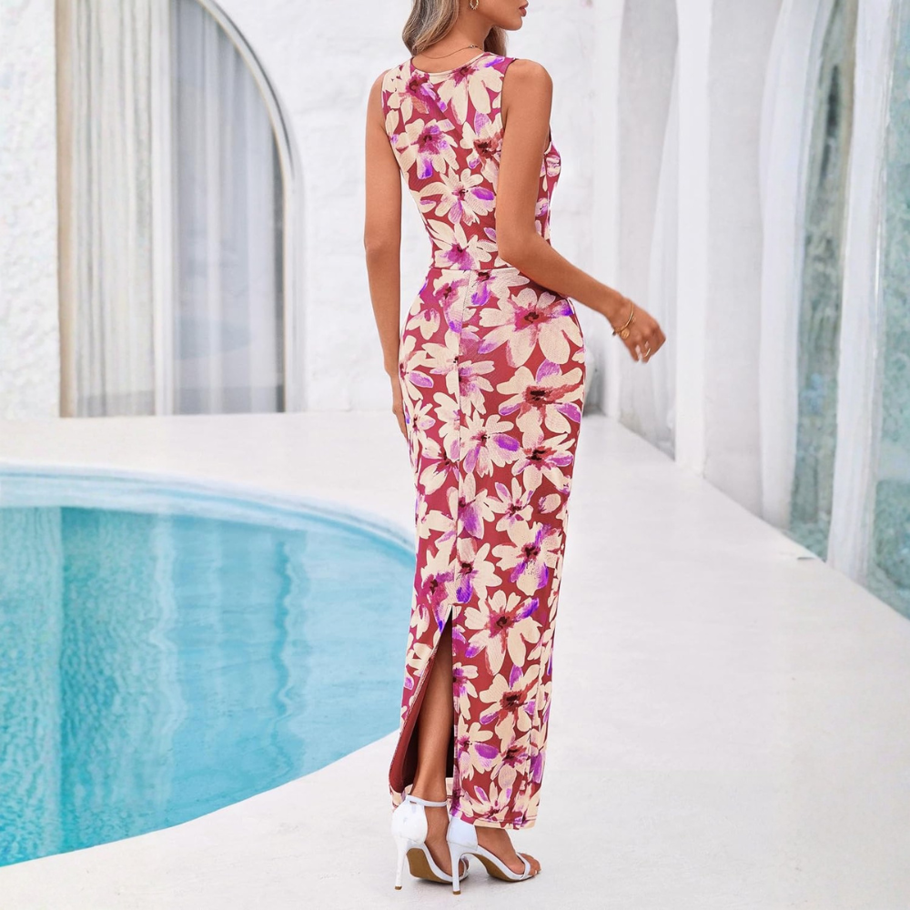 Floral Sleeveless Bodycon Ruched Maxi Dress for Women