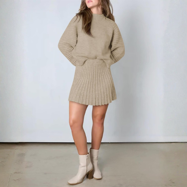 2 Piece Ribbed Knit Puff Sleeve Sweater Top And Mini Skirt Outfit Set