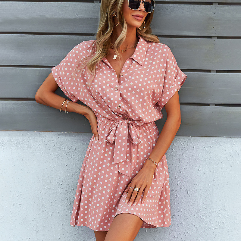 Polka Dots Knee Length Waist Belt Tie Dress-My Comfy Blouse
