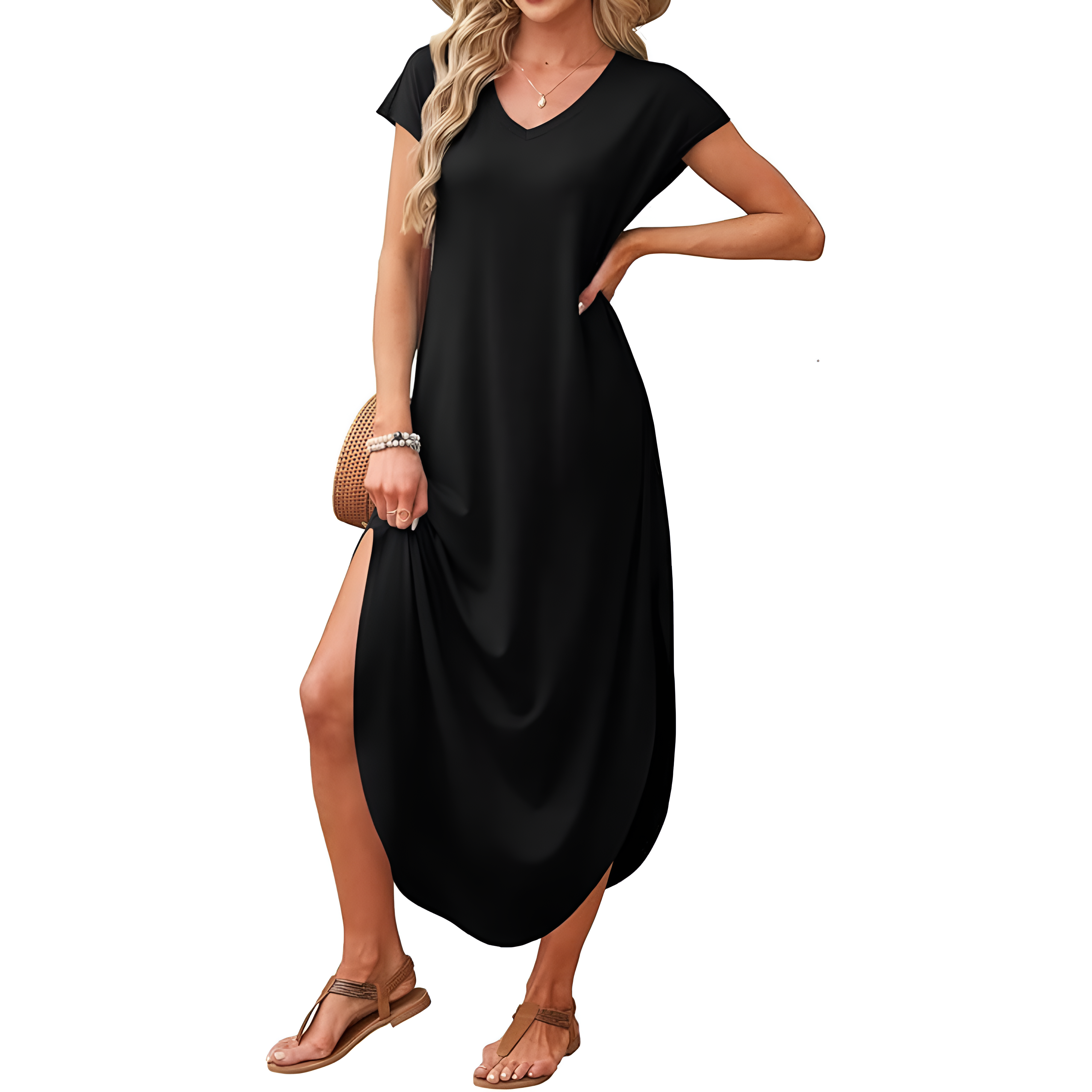 Summer And Casual V Neck Cap Sleeve Maxi For Women