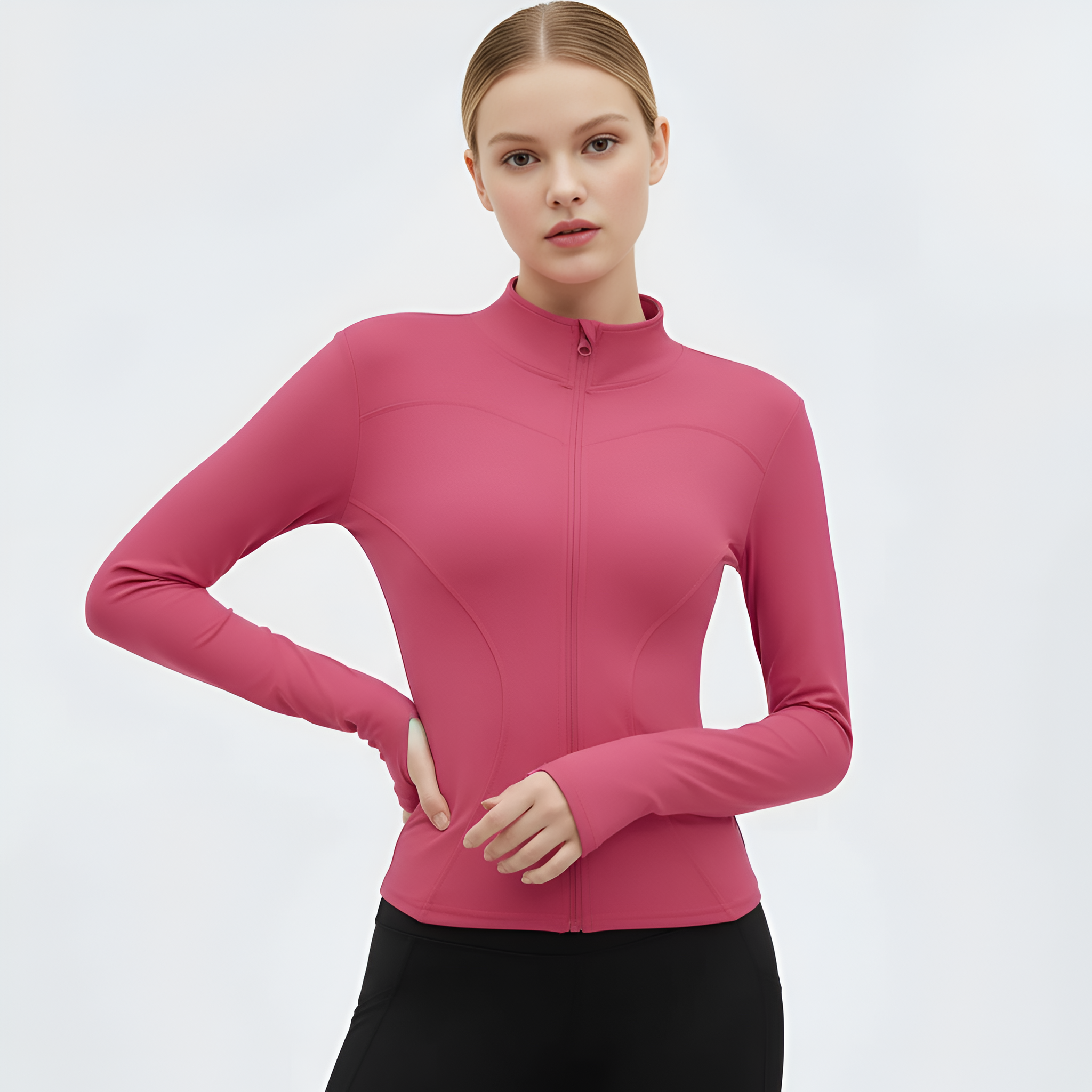 Women Thumb Holes Solid Zip Up Mock Neck Spring Sports Jacket