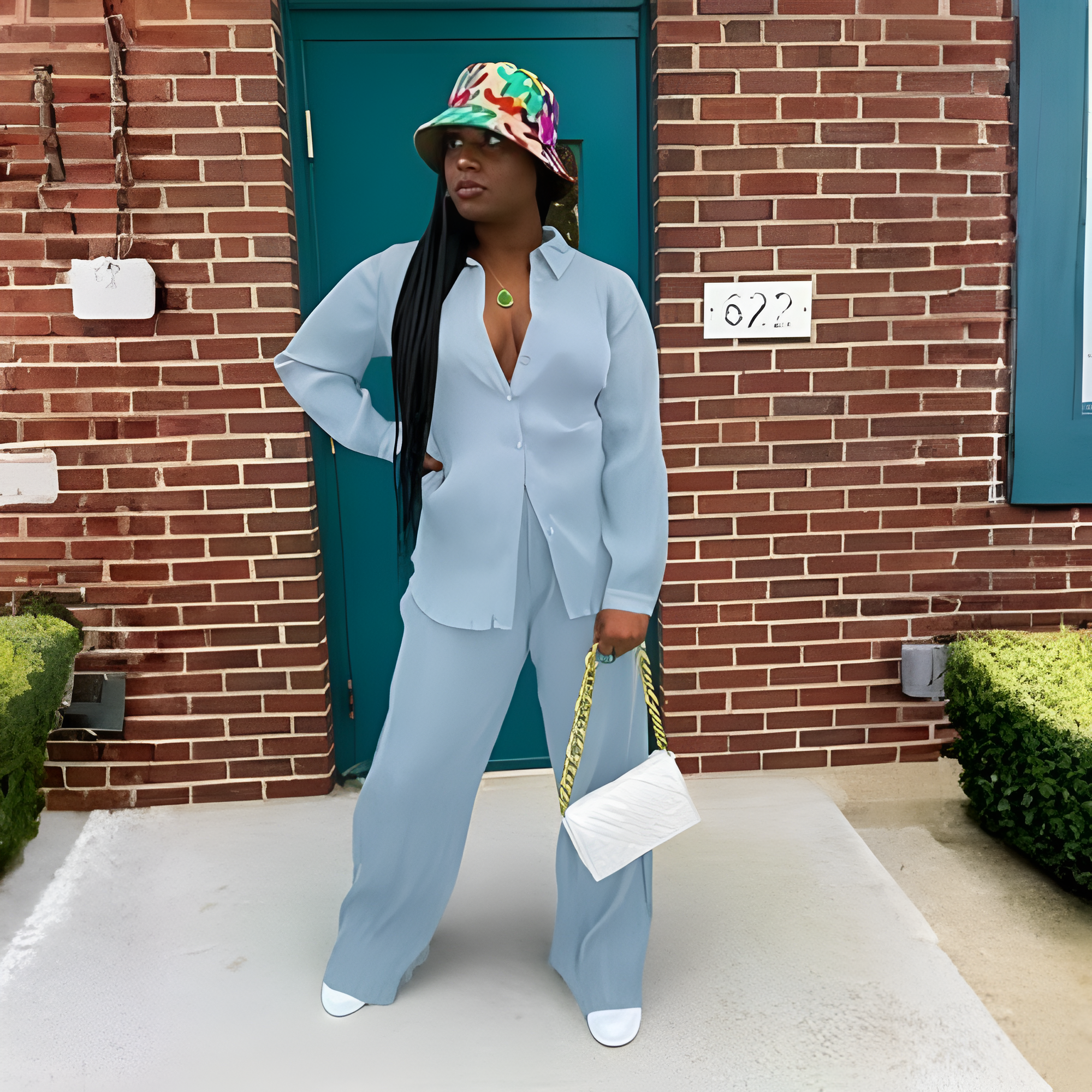 2 Piece Button Down Shirt And Pleated Pants Set For Women