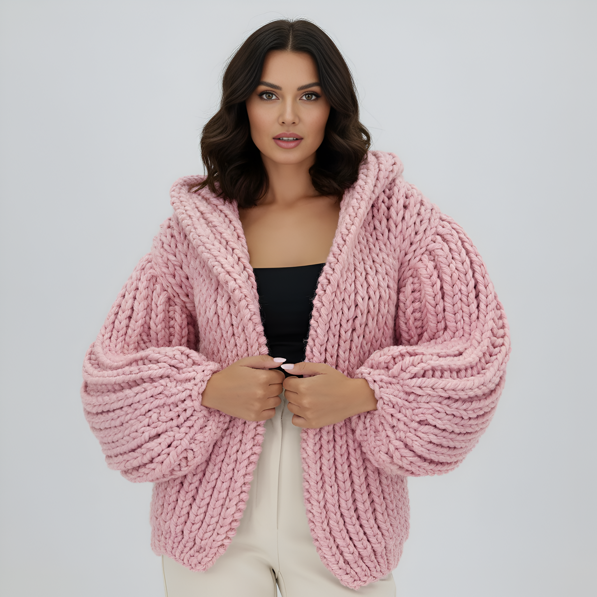 Oversized Cable Knit Hooded Open Front Cardigan For Women