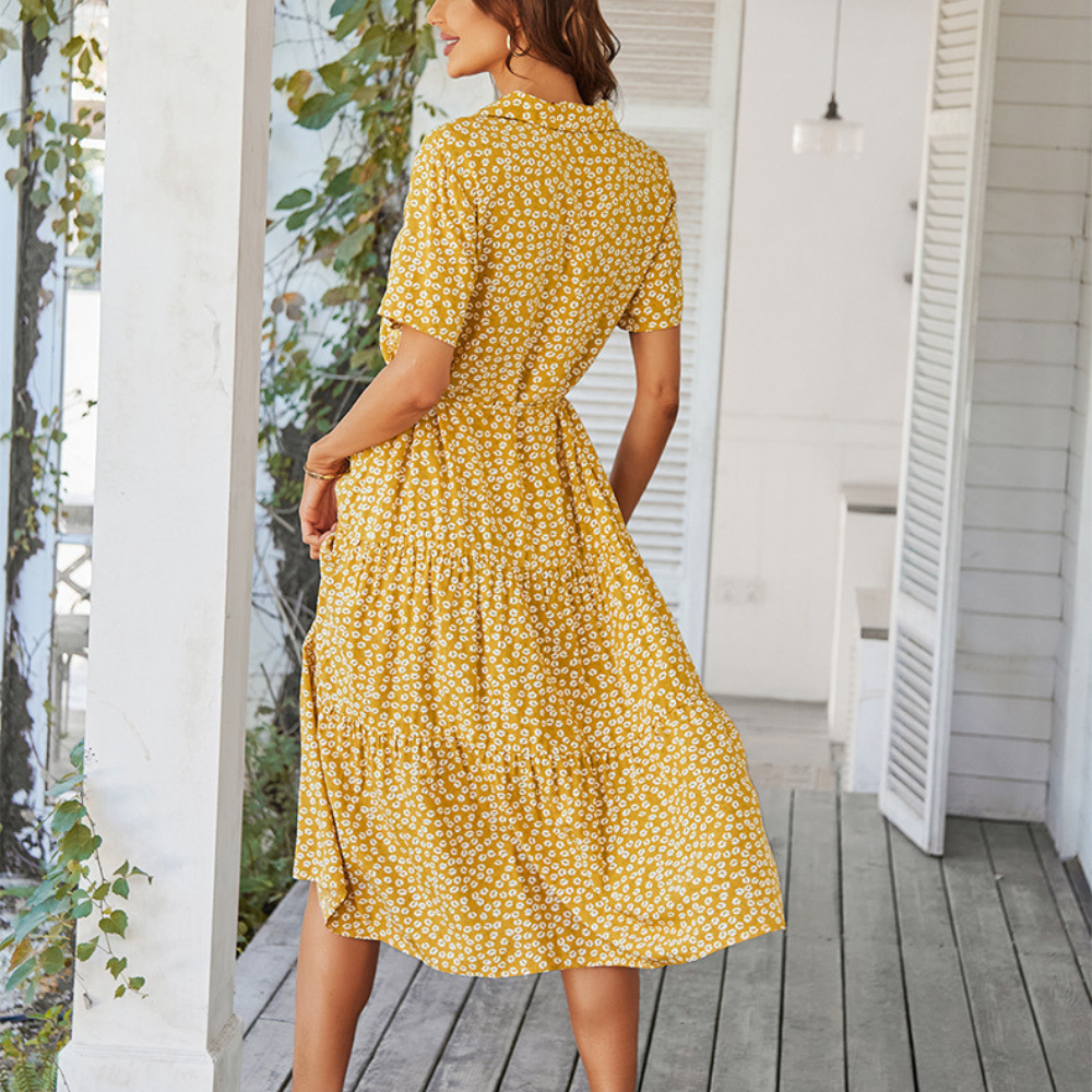 V-Neck Waist Belt Floral Print Maxi Dress-My Comfy Blouse