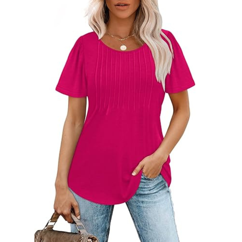 Pleated Casual Top With Scoop Short Sleeve Summer Blouse-My Comfy Blouse
