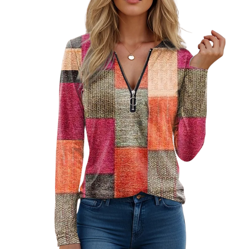 Quarter Zip Patterned Pullover-My Comfy Blouse