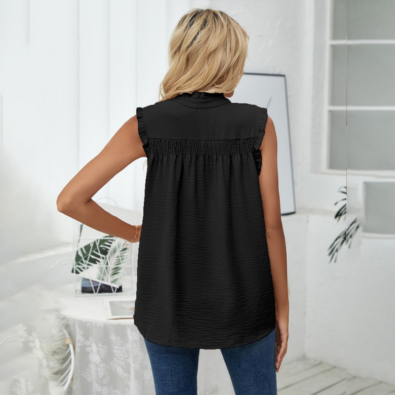 High Collar Button Ruffled Sleeves Less Blouse-My Comfy Blouse