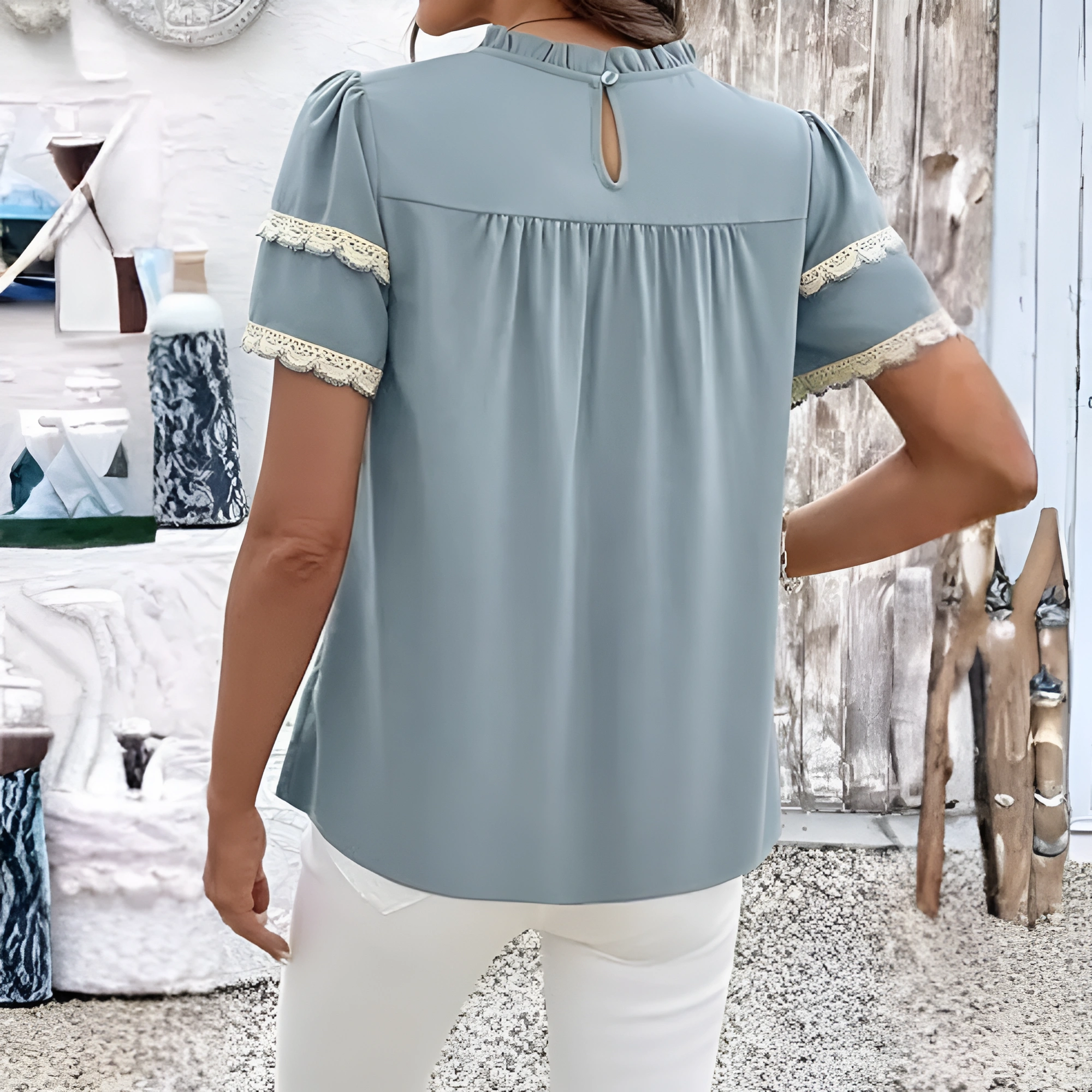 Women Summer Tops Crewneck Ruffle Short Sleeve Casual Pleated Blouses