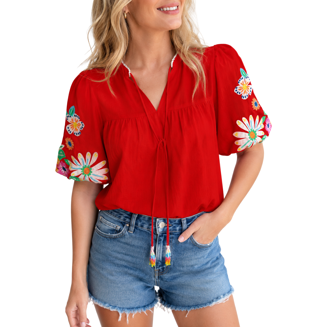 Casual Embroidered Tops V Floral Short Puff Sleeve 