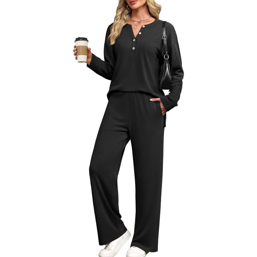 Lounge Sets for Women 2 Piece V Neck Button Matching Sweatsuit Loungewear