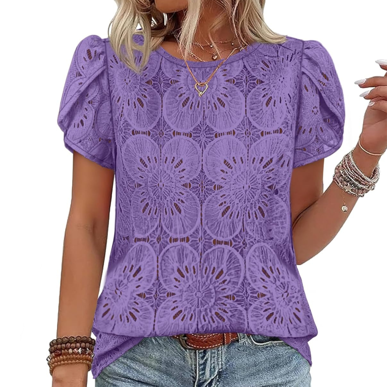 Casual Crochet Petal Short Sleeve Shirt Blouse For Women