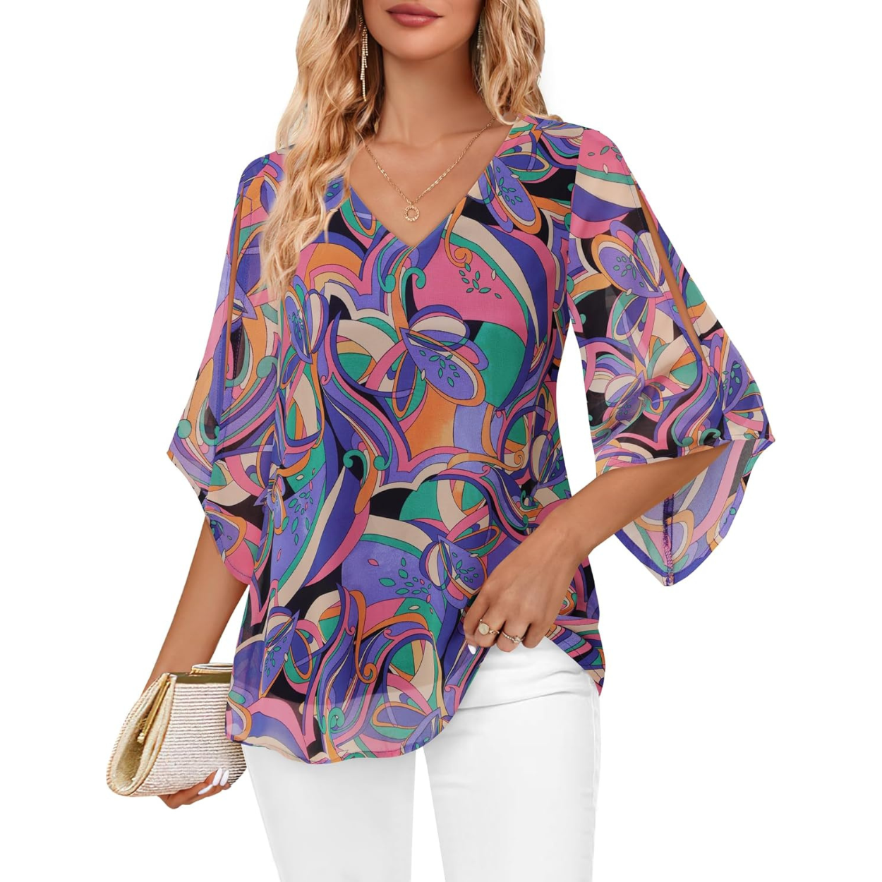 Ruffle Chiffon Sleeve Double Layers Tunic Tops