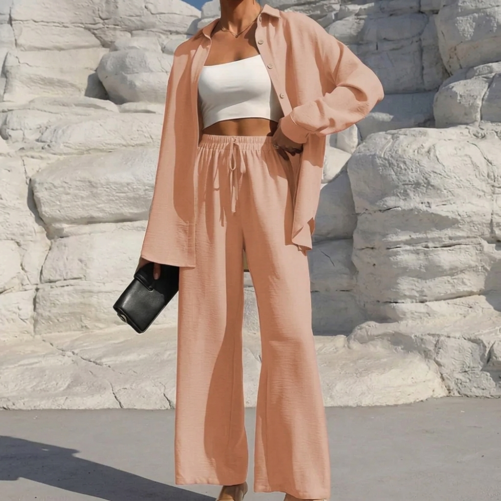 Casual 2 Piece Long Sleeve Shirt And Wide Fit Trouser Set For Women