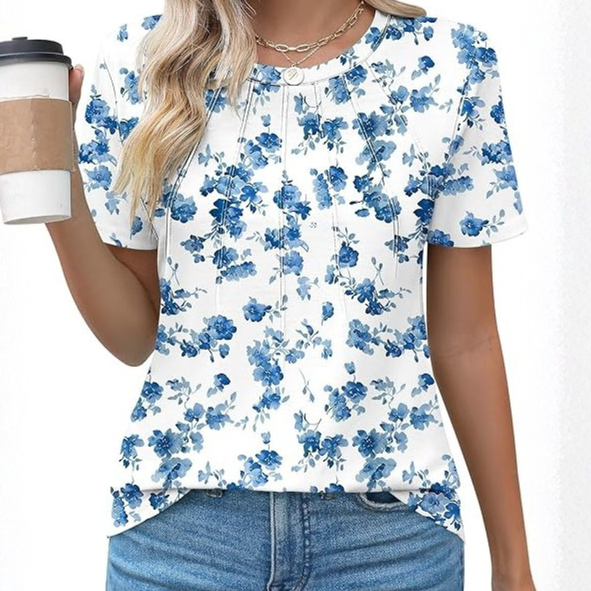  Womens Fashion Casual Crew Short Sleeve Pleated Tops Blouses 