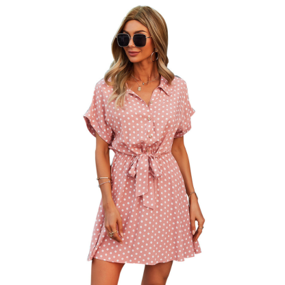 Polka Dots Knee Length Waist Belt Tie Dress-My Comfy Blouse