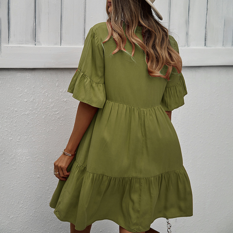 Semi Collar Flared Short Sleeves Midi Drees-My Comfy Blouse